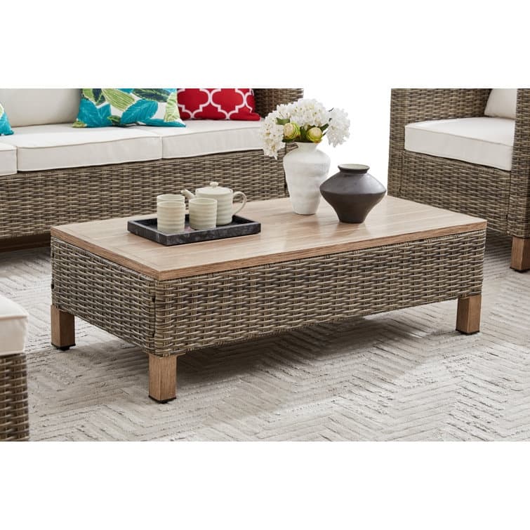 Wicker Centrahoma Coffee Table 13.8'' H X 22.2'' W X 43.3'' L - Oak Finish - Brown