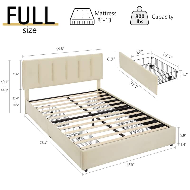Javlergo Bed Frame with Storage Drawers, Upholstered Platform Bed Frame with Adjustable Headboard