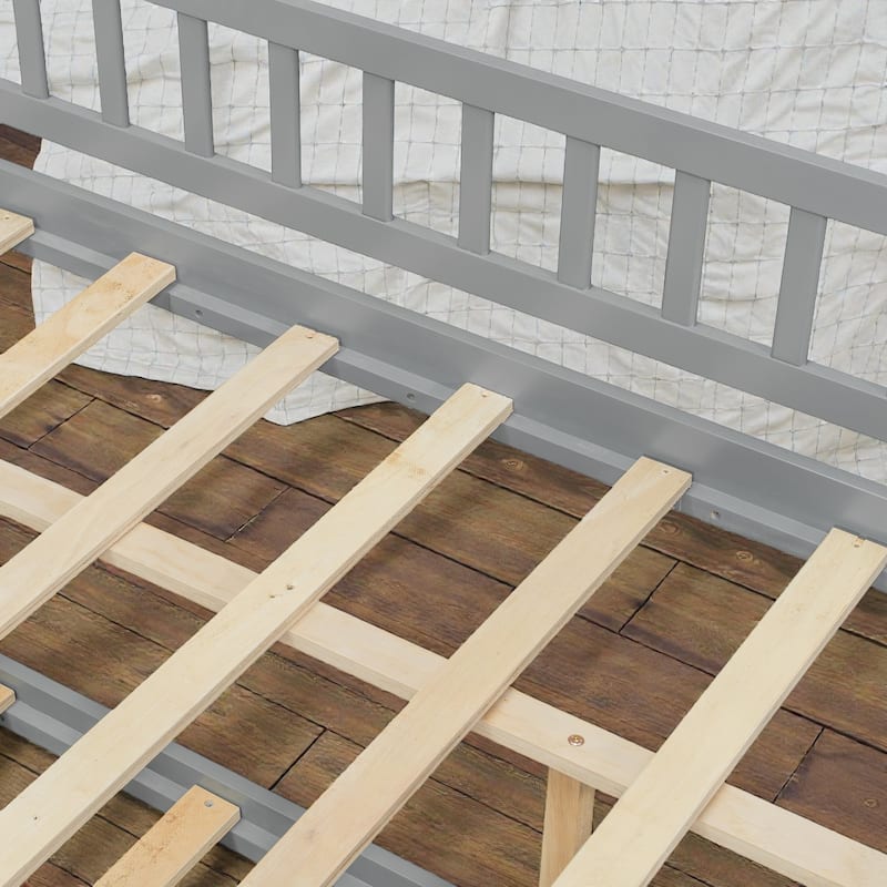 Twin/Full Wooden House Bed with Twin Trundle, Kids Platform Bed Frame with Roof Design, Solid Pine Wood