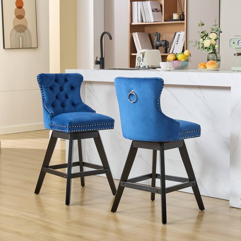 Swivel Bar Stools Set of 2, Velvet Counter Height Barstools with Wooden Legs, Kitchen Island Chairs with Button Backrest