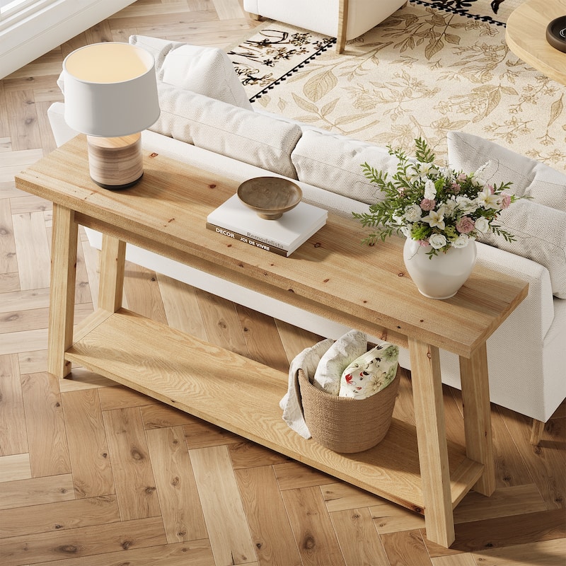 70.8'' Long Solid Wood Entryway Console Table with Shelf, 1.97'' Thick One-Piece Solid Wood Tabletop