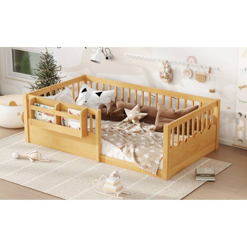 Roomfitters Floor Bed with Bookshelf and Heightened Fence, Solid Wood Frame with Guardrails
