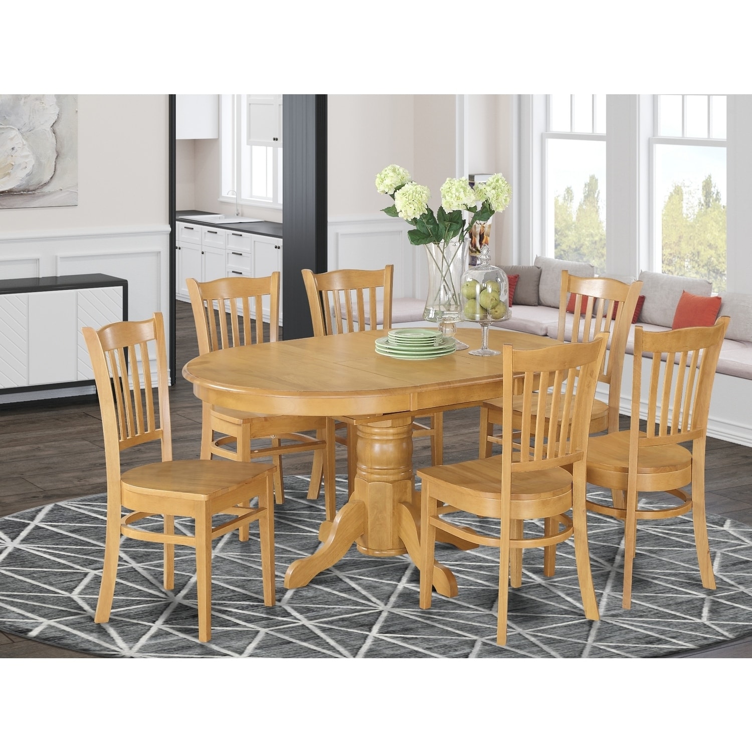 7-Piece Oval Natural Oak Finish Solid Wood Top Dining Table with 6 Slat Back Wood Seat Dining Chairs, Seats 6