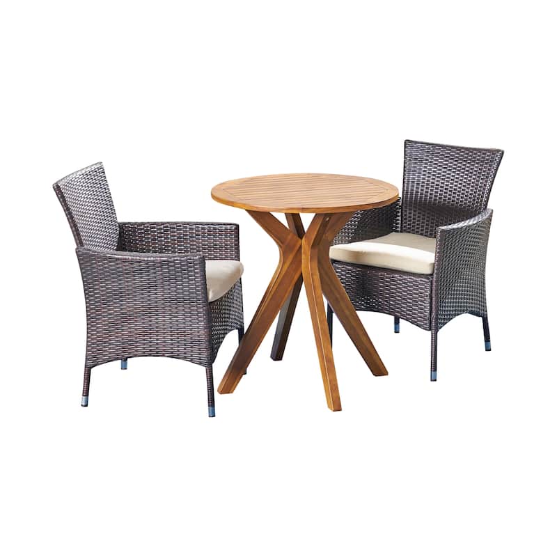 Jillian Outdoor 3 Piece Acacia Wood and Wicker Bistro Set by Christopher Knight Home - N/A