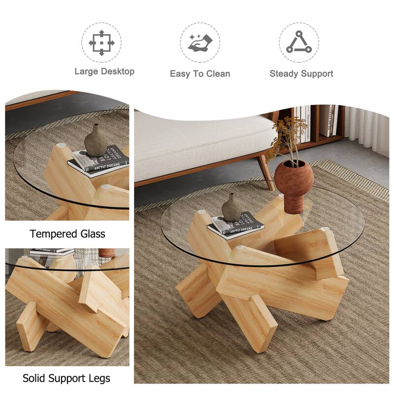 33.4" Modern Round Coffee Table with Clear Tempered Glass Top and MDF Legs for Living Room