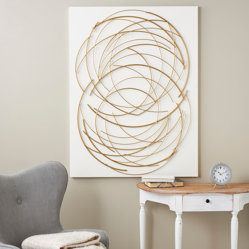 Gold Metal Overlapping Circle Design Abstract Home Wall Decor with White Wood Backing