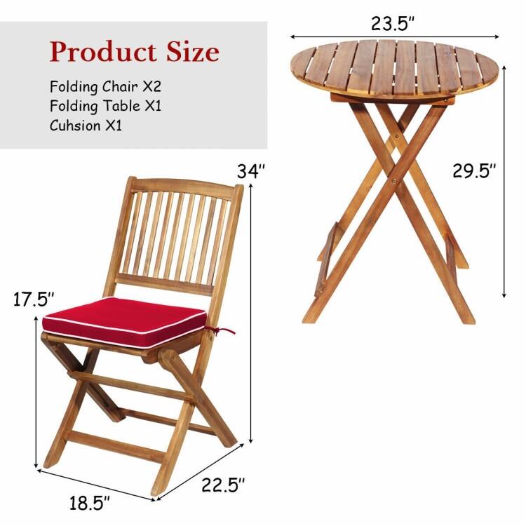 3 Pieces Patio Folding Bistro Set with Padded Cushion and Round Coffee Table - 23.5" x 23.5" x 29.5" (L x W x H)