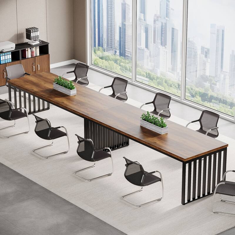 Small Conference Room Table for 4, Industiral Long Meeting Table - 2-pieces - 2PCS-Brown