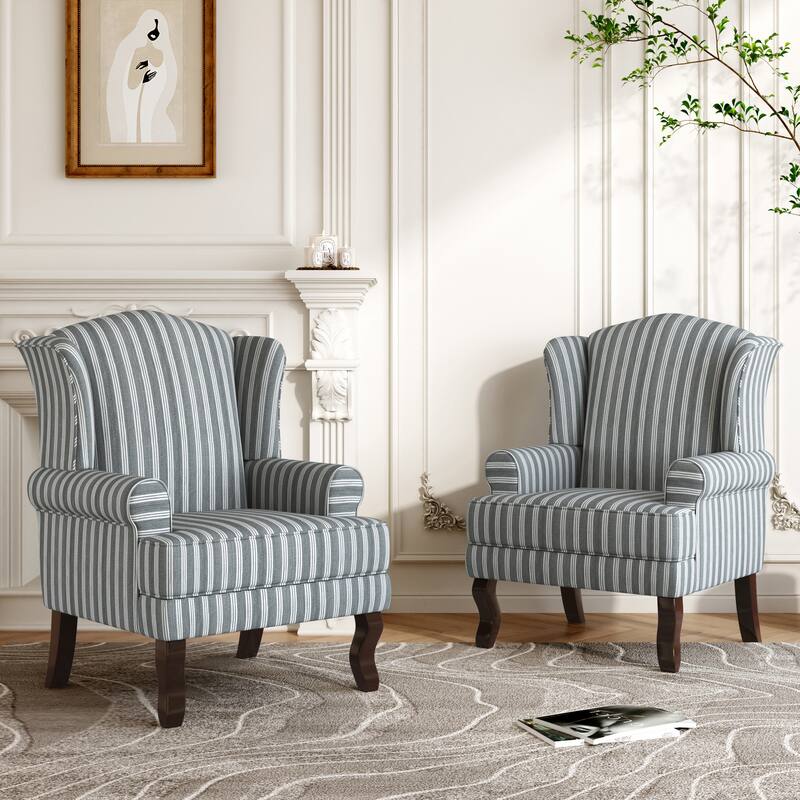 2 Set Traditional Rolled Arm Wing Back Accent Chair - Striped Grey-Linen