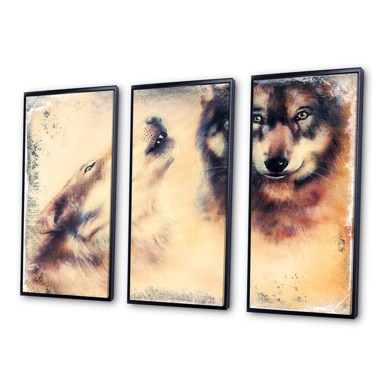 Designart "Howling Wolf" Animal Framed Canvas Wall Art Set of 3 4