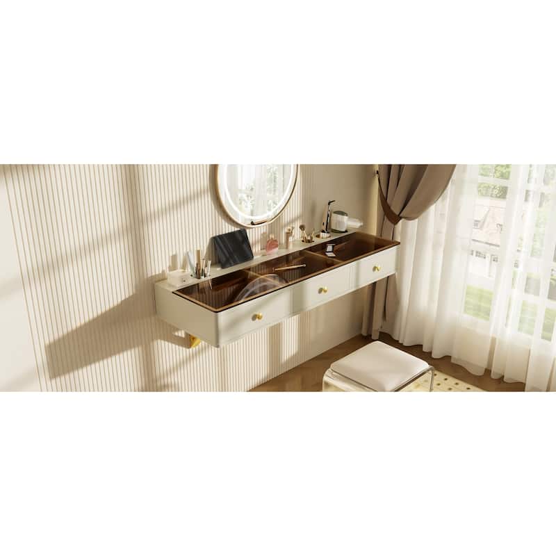Floating Vanity Desk with Glass Top & Drawers, Wall Mounted Makeup Vanity Desk, Dressing Table with Tablet Holder
