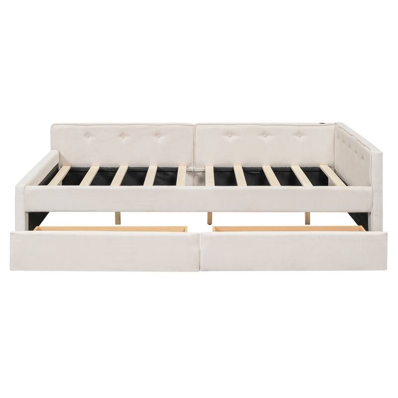 Beige Full Size Modern Upholstered Platform Bed with USB & Two Drawers