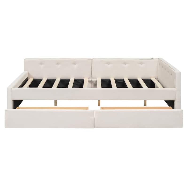 Modern Full Size Upholstered Platform Bed with USB Ports and 2 Drawers, Floor Sofa Day Bed Frame with Slatted Support