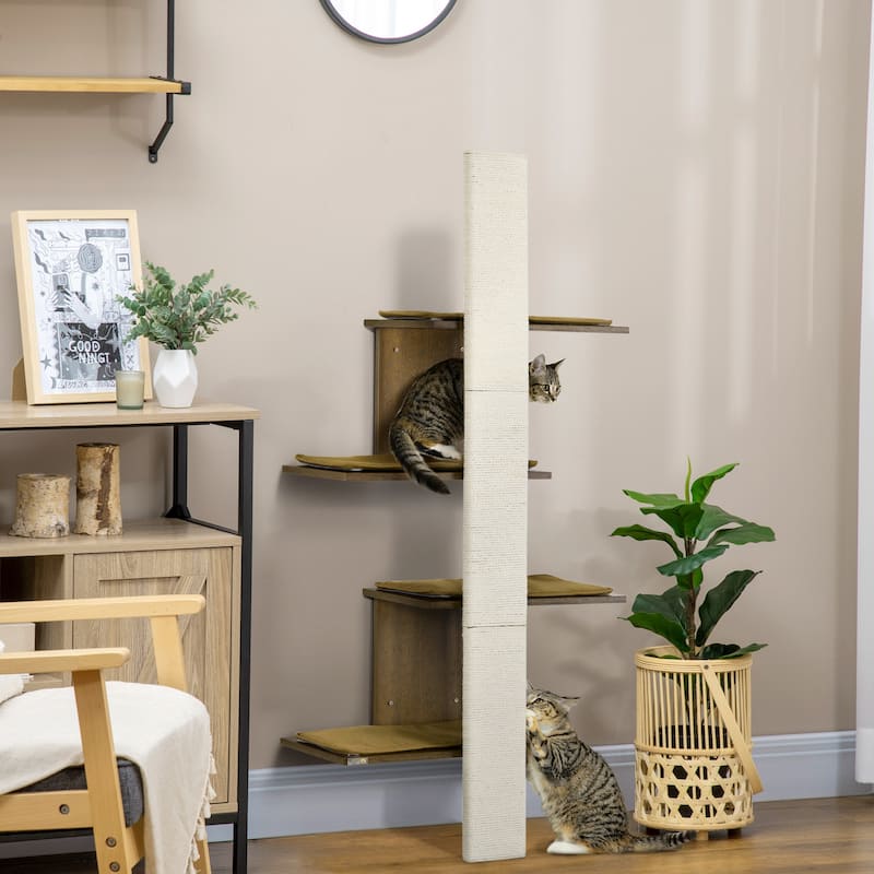 PawHut Wall-Mounted Cat Tree, 4-Layer Cat Wall Shelves Furniture with Scratching Board