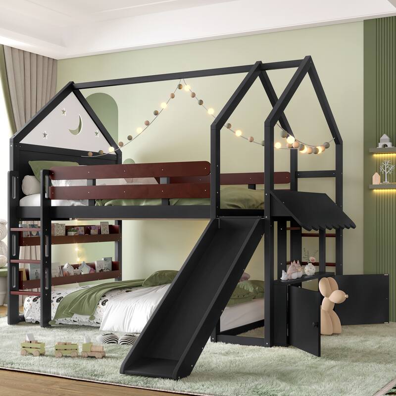 Roomfitters House Loft Bed with Slide and Bookshelf, Star Moon Roof Design