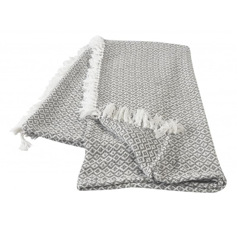 50" X 60" Gray and White Woven Cotton Geometric Throw Blanket with Fringe