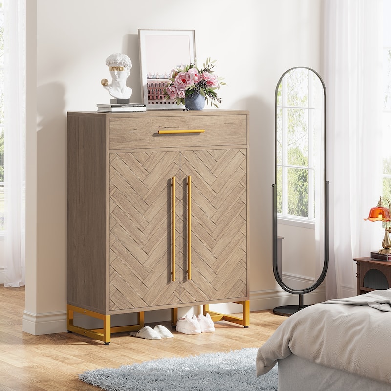 Modern 20 Pairs Shoe Cabinet with Drawer, Doors - 15.75"D x 31.5"W x 39.37"H