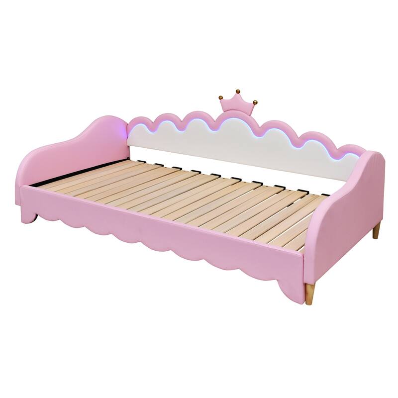 Upholstered Twin Extending Daybed with LED Lights, Crown Headboard
