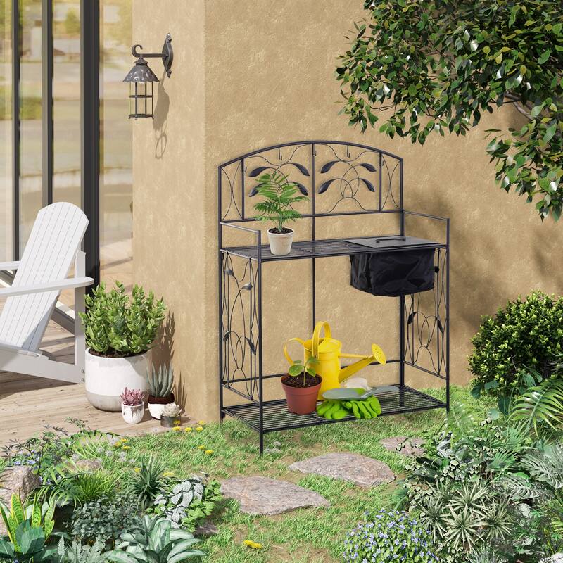 Outsunny Outdoor Folding Potting Bench with Storage & Spacious Workspace, Garden Table - Grey