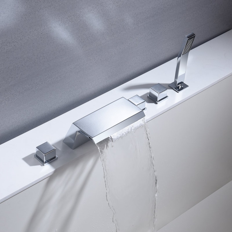 Waterfall Tub Filler Bathtub Faucet chrome 5-Hole 3-Handle Solid Brass Bathroom Bath Tub Faucets - 9'6" x 13'6"