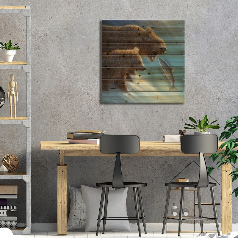 Brown Bear Fishing Lesson, Square Print On Wood by Collin Bogle - Multi-Color