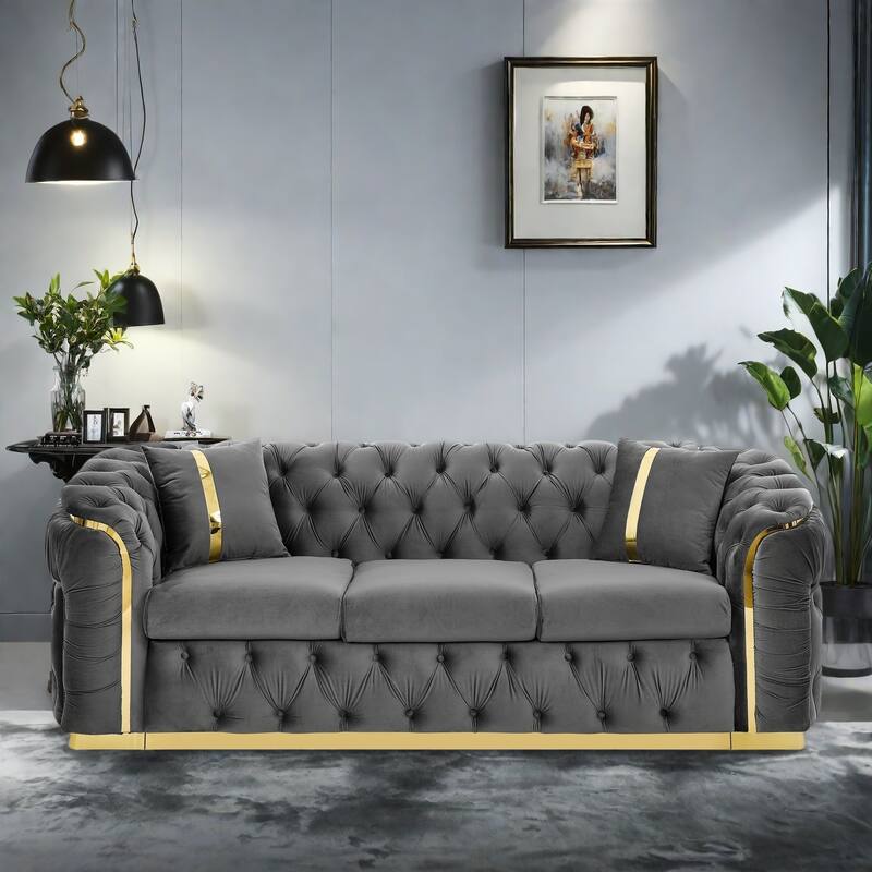 90.6" Velvet 3-Seater Sofa with 2 Pillows High-Density Cushions, Gold Accents, and Pillows - Gray