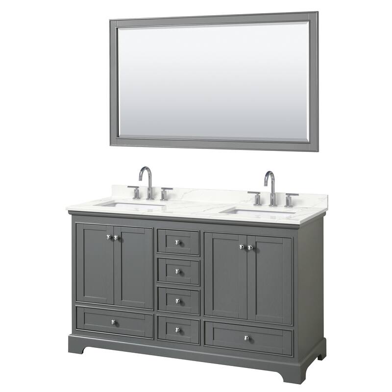 Deborah 60-inch Double Vanity, Quartz Top, 58-inch Mirror - Dark Gray, Chrome Trim, Giotto Quartz Top