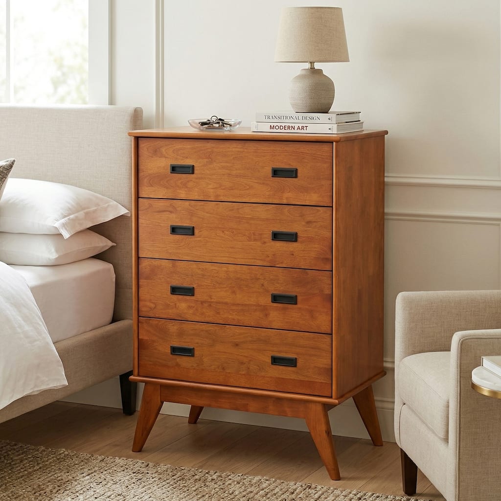 WYNDENHALL Tierney 30 inch Wide Solid Wood Mid Century Modern 4 Drawer Dresser in Teak Brown - 18" D x 29.75" W x 43.3" H