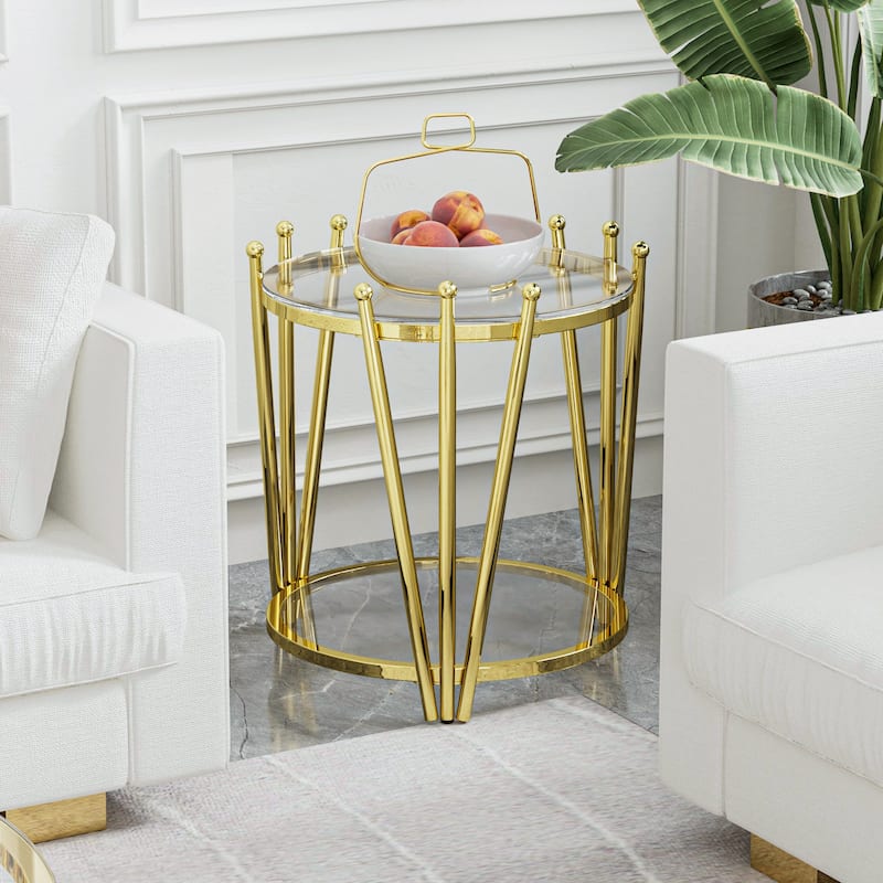 Modern Gold Round End Table with Tempered Glass Top & Crown Design for Living Room