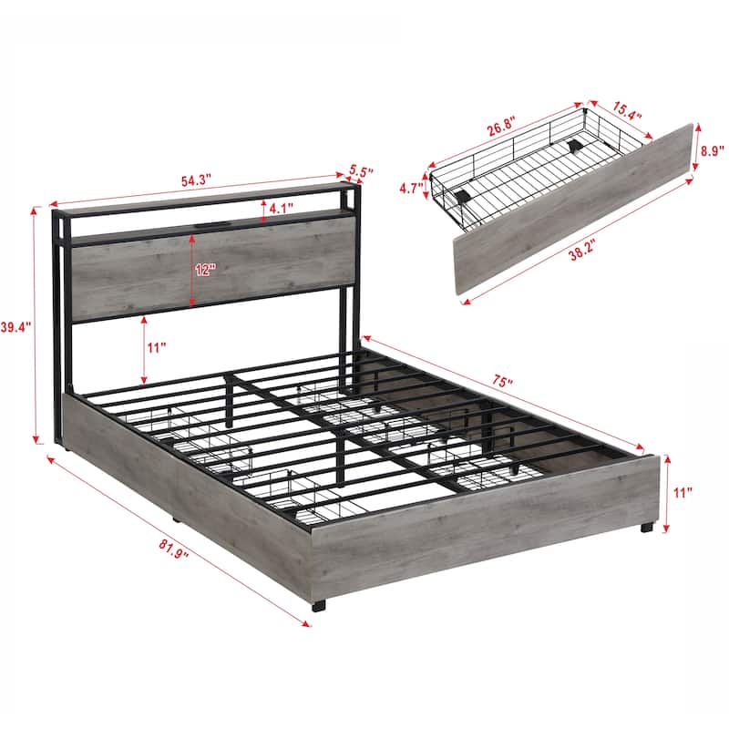Noise Free Metal Bed Frame with 4 Drawers LED Charging Headboard