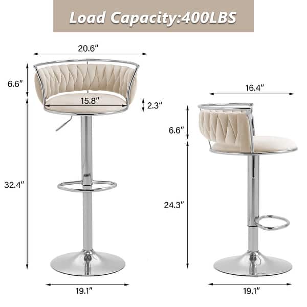dimension image slide 8 of 24, Modern Velvet Adjustable Swivel Bar Stools Set of 2