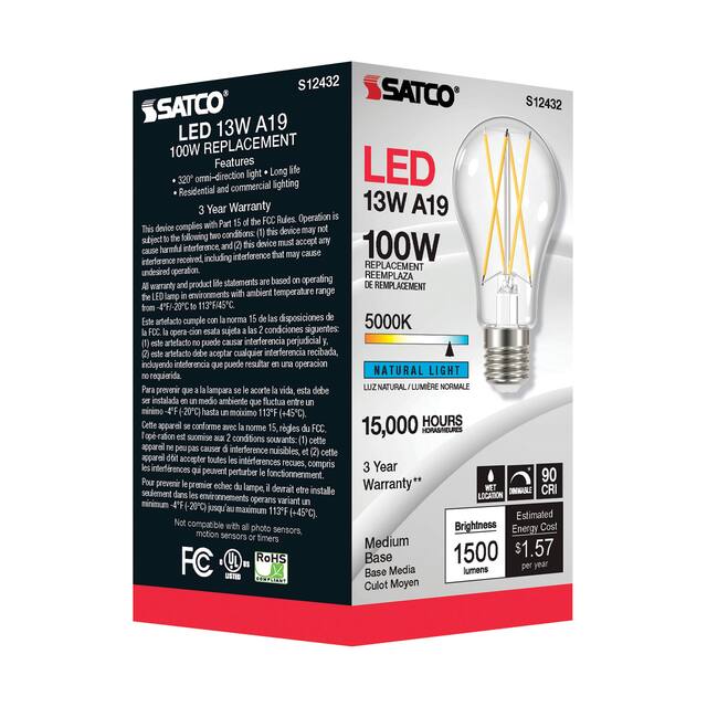 12.5 Watt LED A19 Clear Medium Base 5000K 90 CRI 120 Volt - N/A