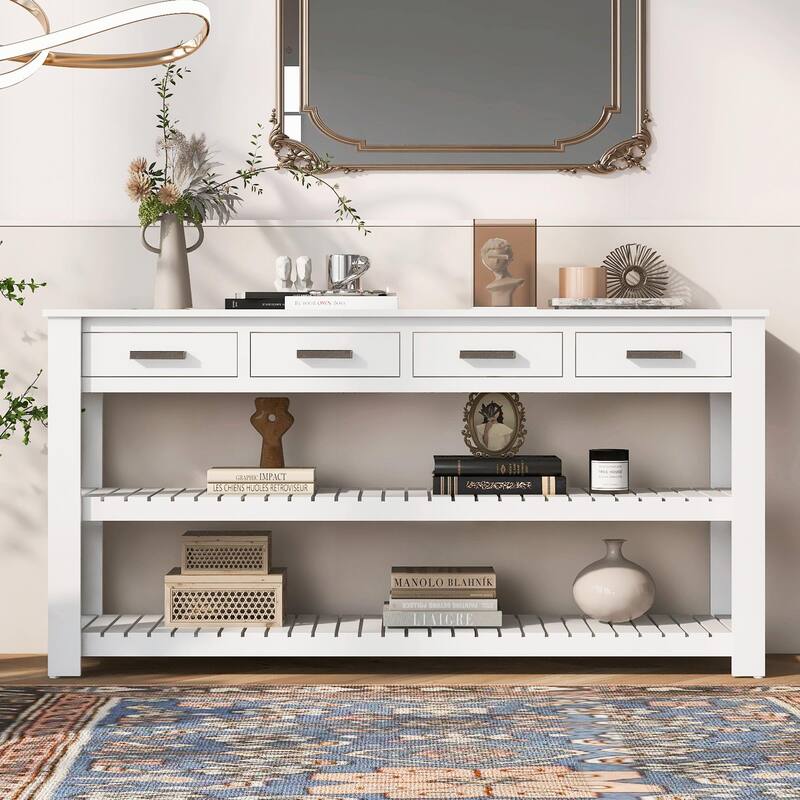 Stylish Entryway Console Table with 4 Drawers and 2 Shelves - White