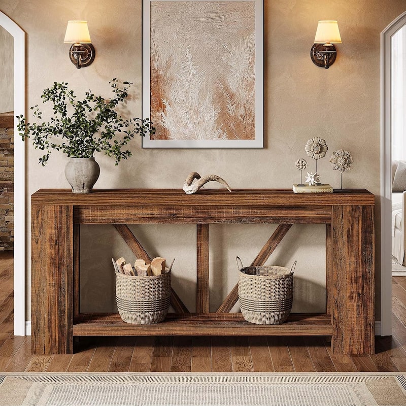 70.9” Brown MDF Entryway Table, 2-Tier Console Table for Living Room - Dark Brown