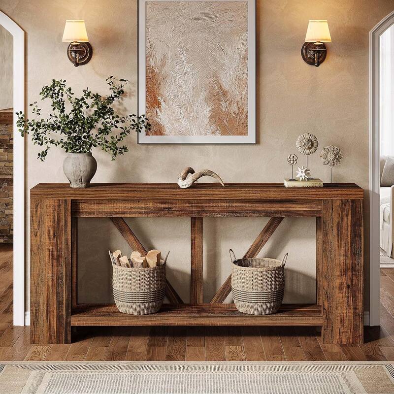 70.9 Inches Extra Long Console Table, 2 Tiers Farmhouse Entryway Sofa Table