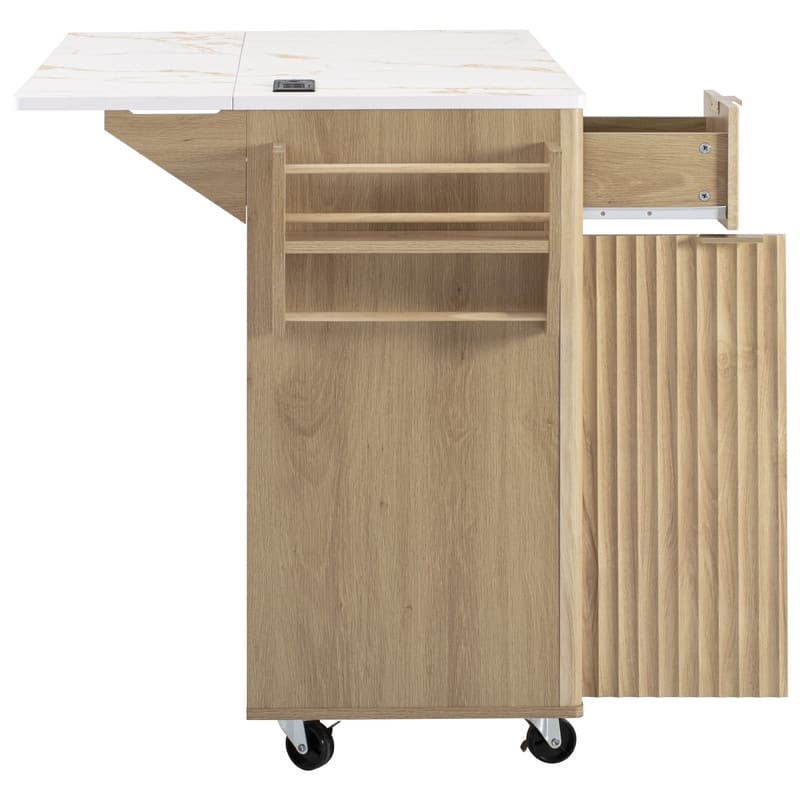 Fluted 55.5" Kitchen Island with Drop Leaf, Rolling Island Table with Drawers, Power Outlet for Functional Kitchen Organization