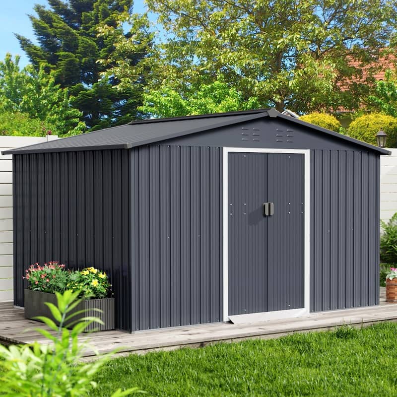 Outdoor Storage Shed, with Sloped Roof & Lockable Door - Grey - 10x10 Ft