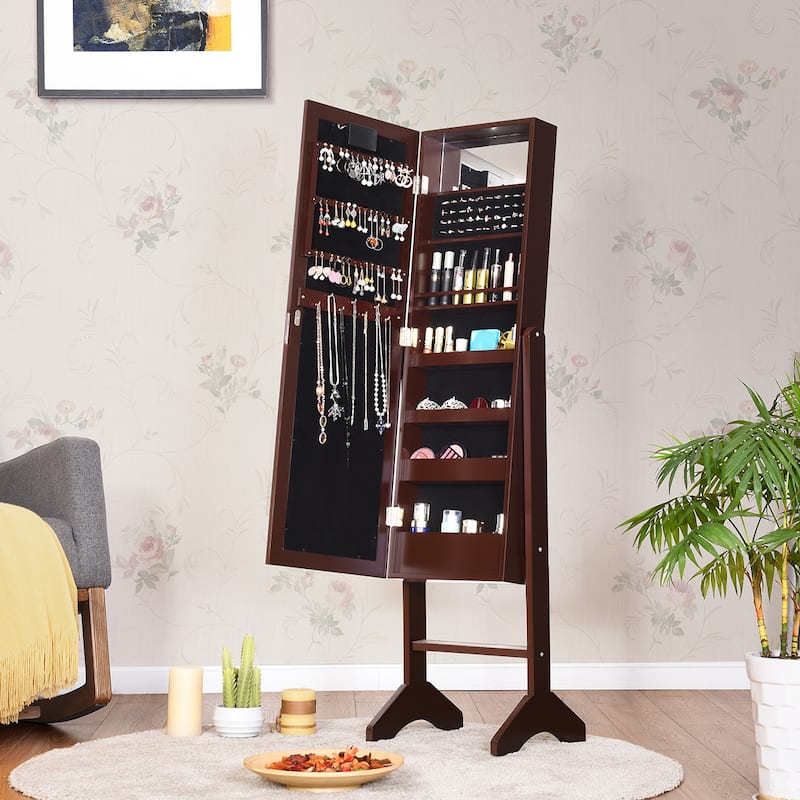 Costway Mirrored Jewelry Cabinet Organizer 18 LED lights Brown