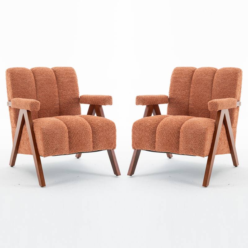 Mid Century Modern Accent Chair, Chenille Armchair with Solid Wood Legs, Channel Tufted Comfy Reading Chair for Living Room - Set of 2 Orange