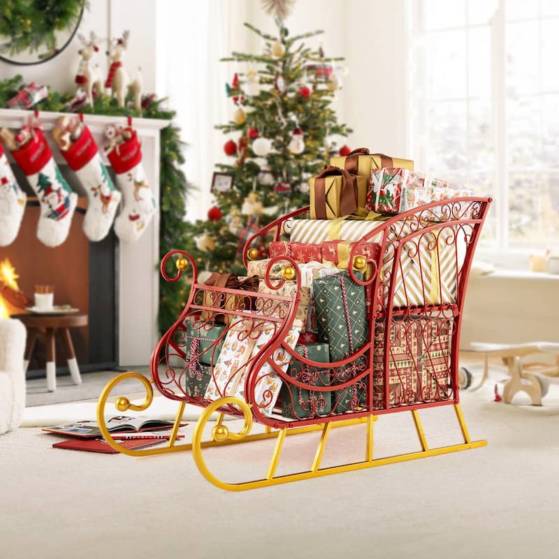 Costway Metal Christmas Santa Sleigh Basket Festive Decorative Sleigh - as pic shows - See Details
