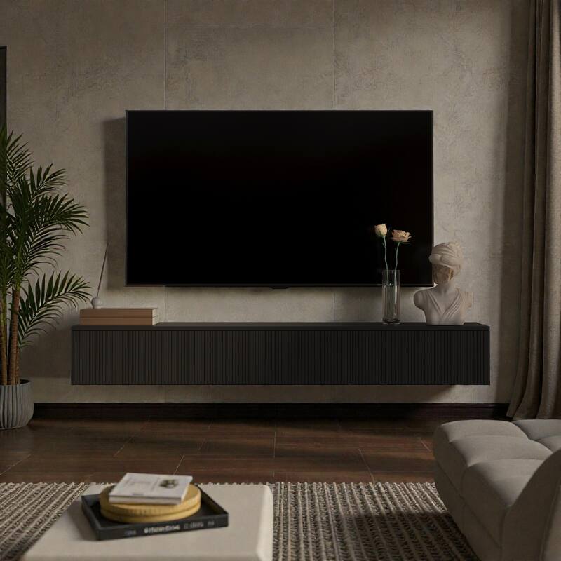 65" Floating TV Stand Wall Mounted with 16 Color LED Lights, Modern TV Cabinet for 55-65 Inch TVs