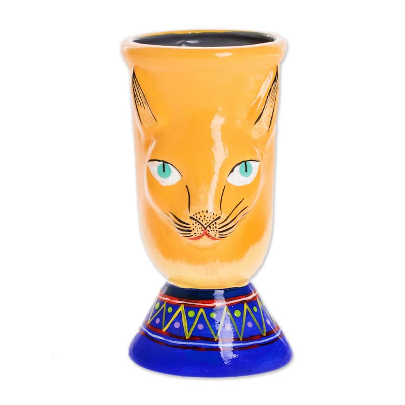 Novica Handmade Top Cat In Yellow Ceramic Flower Pot