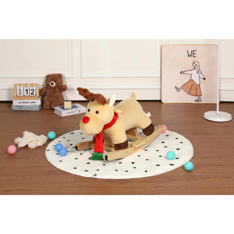 Kids Ride-On Rocking Horse Toy with Lullaby Song, Rocking Toy with Hand Puppets & Safety Belt - Moose