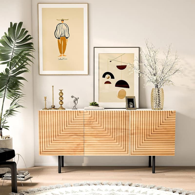 Roomfitters Mid Century TV Stand for TV's up to 65" with Wood Carved Geometric Designs, Media Console Entertainment Center - 59"