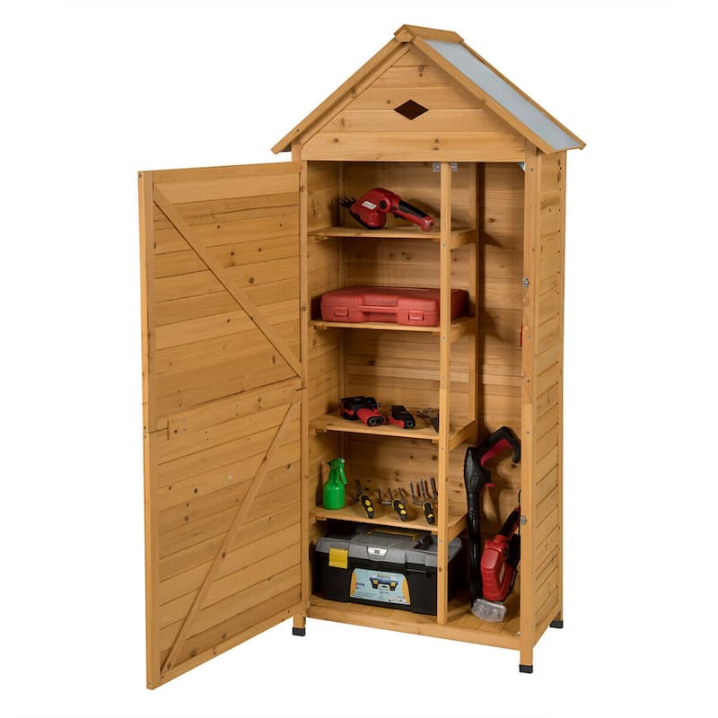 Gymax Outdoor Storage Shed Lockable Wooden Garden Tool Storage Cabinet - As Picture Description - Natural - As Picture Description