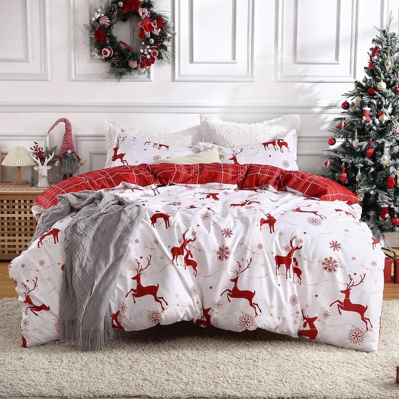 Christmas Soft Reindeer Duvet Cover and Pillow Shams Set, Bedding Set - King