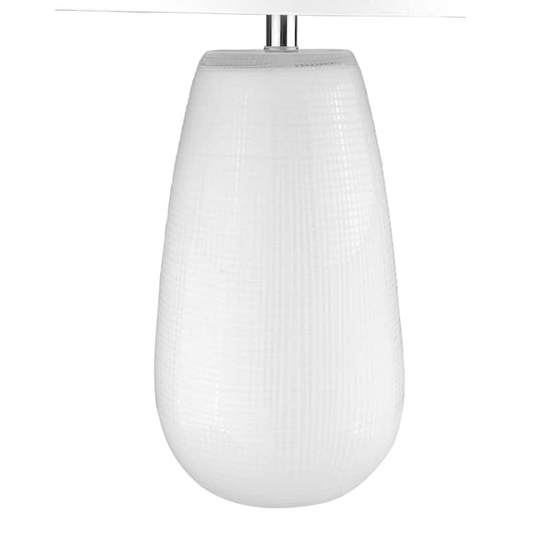 28 Inch White Glass Table Lamp with Fabric Drum Shade for Living Room - 16” x 16” x 28”