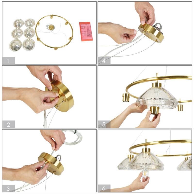 Modern 6-Light Chandelier Gold Ring with Mercury Glass for Kitchen Dining Room - 38.8 " L × 8.3 " H