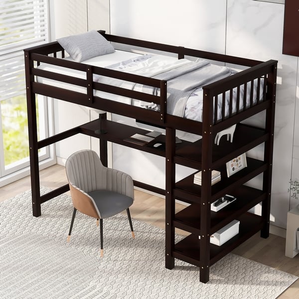 slide 2 of 11, Espresso Loft Bed with Workstation Desk Underneath and Storage Shelves Stairs, Twin Size Loft Wood Bed with Stable Guardrails Espresso - Twin