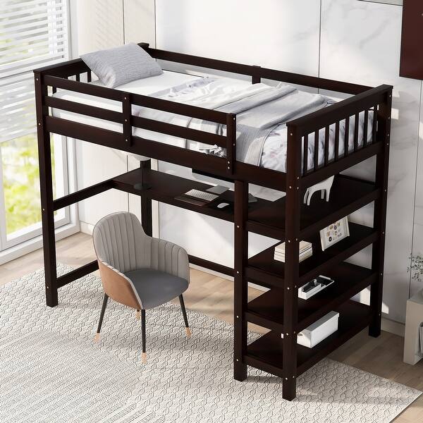 slide 2 of 15, Twin Size Loft Bed Wooden Guardrail Loft Bed Frame with Storage Shelves and Under-Bed Desk Espresso